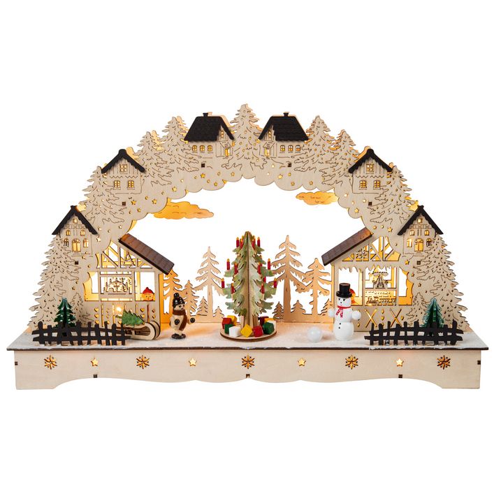 Christmaxx Weihnachtlicher LED-Lichterbogen – Aus Echtem Holz, 4 Flackernde LED-Kerzen, Mit Timer, Batteriebetrieben