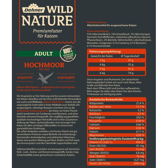 Dehner Wild Nature Katzenfutter Hochmoor - Getreidefrei & Zuckerfrei Mit Ente & Pute (16 X 100 G)