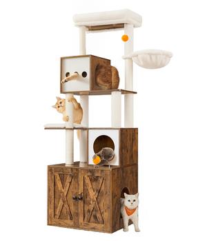 Feandrea Kratzbaum mit Katzenklo-Schrank, braun/weiß, ca. B104/H185/T61 cm