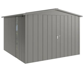 Hörmann Metallgerätehaus Juno Satteldach Motiv Modern bodentiefes Fenster mit Doppeltür, ca. B333/H231/T325 cm