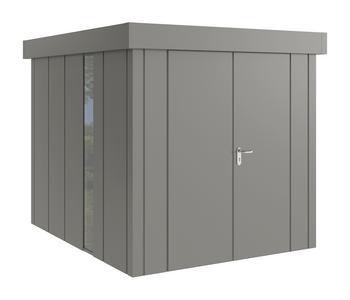 Hörmann Metallgerätehaus Juno Flachdach Motiv Design bodentiefes Fenster mit Doppeltür, ca. B229/H222/T277 cm