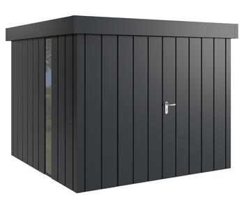 Hörmann Metallgerätehaus Juno Flachdach Motiv Modern bodentiefes Fenster mit Doppeltür, ca. B277/H222/T277 cm