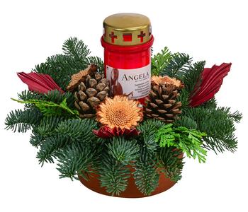 Grabgesteck in Ton-Schale mit Grablicht, rot, ca. Ø30/H23 cm