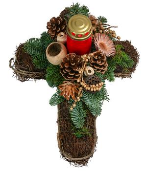 Grabgesteck aus Rebe mit Grablicht, natur, ca. B35/H20/T25 cm