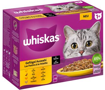 Whiskas® Nassfutter für Katzen Multipack 1+, Geflügel Auswahl in Sauce, Adult, 12 x 85 g