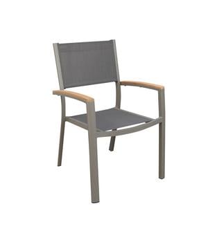Dehner Stapelstuhl Colmar, Grau / Dunkelgrau Hellbraun - Aluminium Textilene Teakholz