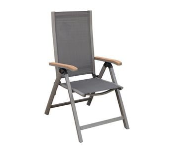 Dehner Klappstuhl Colmar, Grau / Dunkelgrau Hellbraun - Aluminium Textilene Teakholz