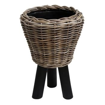 Van der Leeden Rattan-Topf mit Füßen, rund, grau, Hellbraun - Rattan