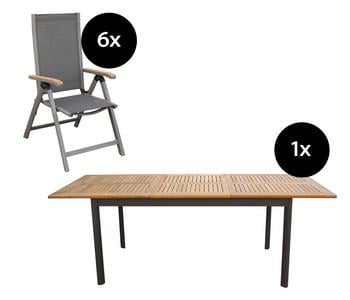 Dehner Gartenmöbelset Colmar 1, 7-teilig, Schwarz, Dunkelgrau, Beige - Teakholz, Textilene, Aluminium
