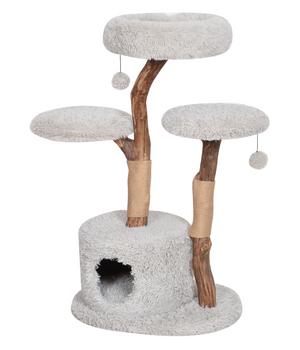 Dehner Premium Lovely Natur-Kratzbaum Aufsteigen & Abschalten, ca. B60/H100-110/T45 cm, Hellgrau - Plüsch / Holz Sisal