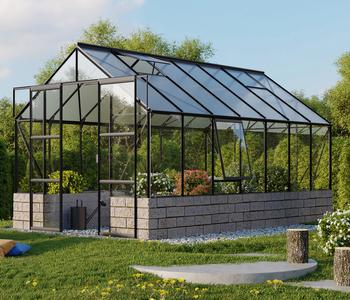 Vitavia Gewächshaus Cassiopeia 11500, ESG/HKP inkl. Sockel Sandstein, Schwarz - Aluminium / Polycarbonat Sicherheitsglas