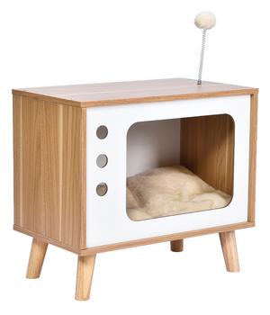 Dehner Lieblinge Katzenhöhle Buya, weiß/braun, ca. B48/H43/T28 cm, Weiß / Braun - Holz Plüsch