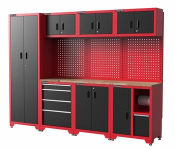 FEISTOS Werkzeugschrank Juno 3, ca. B264/H198/T45,7 cm, Rot / Schwarz - Holz Stahl