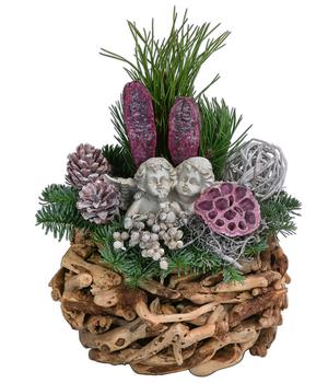 Grabgesteck in Wurzelholz-Schale, rosa, ca. Ø20/H25 cm