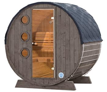 Wolff Finnhaus Saunafass Mini 160 montiert, ca. B205/H215/T160 cm, Grau - Fichtenholz / Glas