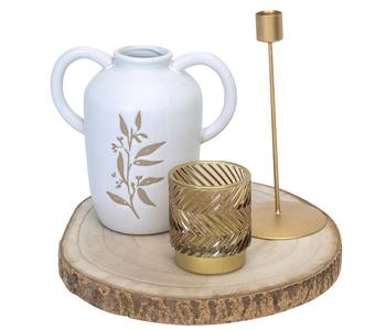 Dehner Tischdeko-Set, weiß/gold, 4-teilig, Natur / Weiß Gold - Glas Metall Hartholz Keramik