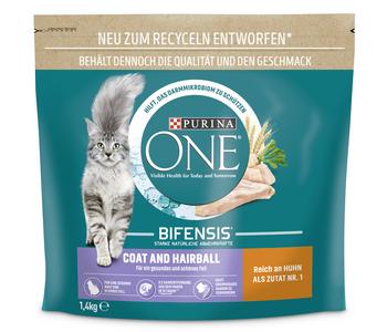 PURINA ONE® Trockenfutter für Katzen Coat & Hairball, Adult, Huhn, 1,4 kg
