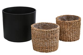 Dehner Übertopf Blumentopf-Set Green Up Your Home, 3-teilig, Schwarz, Hellbraun - Keramik, Naturmaterial