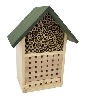 Dehner Natura Premium Insektenhotel Locarno, ca. B22,5/H29/T14 cm, Dunkelgrün / Hellbraun - Kiefernholz Buchenholz Bambus