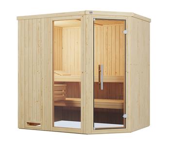 Weka Ecksauna Varberg mit Glastür und Fenster, Natur - Fichtenholz / Glas