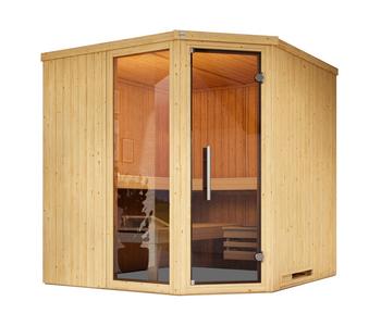 Weka Ecksauna Varberg mit Glastür und Fenster, Natur - Fichtenholz / Glas