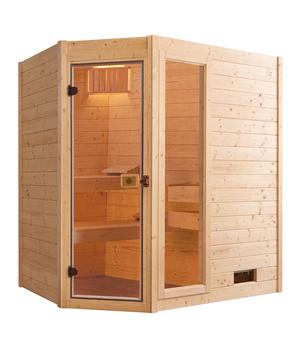 Weka Ecksauna Valida mit Glastür und Fenster inkl. Ofen, ca. B189/H203,5/T139 cm, Natur - Fichtenholz / Glas
