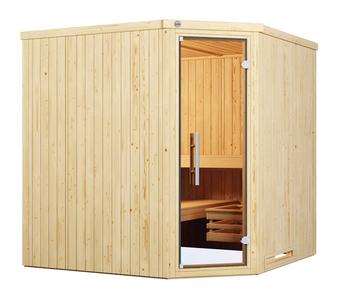 Weka Ecksauna Varberg mit Glastür inkl. Ofen, ca. B194/H199/T194 cm, Natur - Fichtenholz / Glas