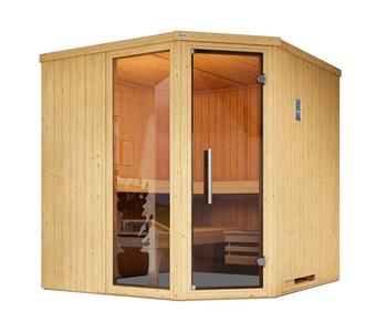 Weka Ecksauna Varberg mit Glastür und Fenster inkl. Ofen, ca. B194/H199/T194 cm, Natur - Fichtenholz / Glas