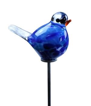 MP Glaszauber Glas-Vogel Spatz mit Stab, Blau - Glas / Edelstahl