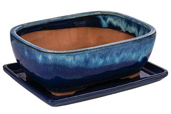 Dehner Keramik-Bonsaischale, rechteckig, blau/beige